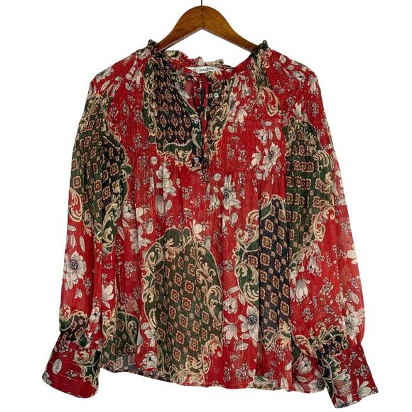 Zara Floral Sheer Long Sleeve Flowy Boho Blouse Smocked Ruffle Neck XL Red Green - Picture 2 of 15